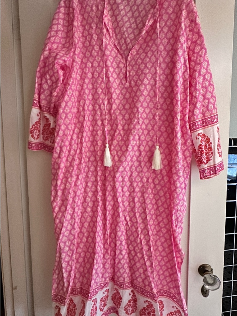 J. Crew Pink Patterned Maxi Dress with White Tassel Ties
